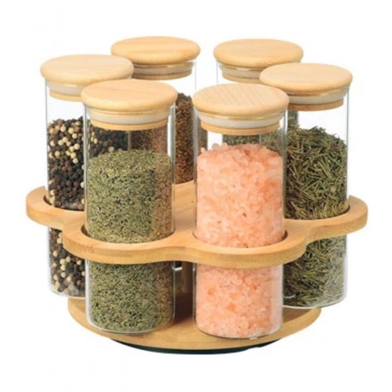 Jogo 6 Porta Condimentos 320ml 23,3x18cm Em Vidro Borossilicato Com Tampa E Suporte Em Bambu